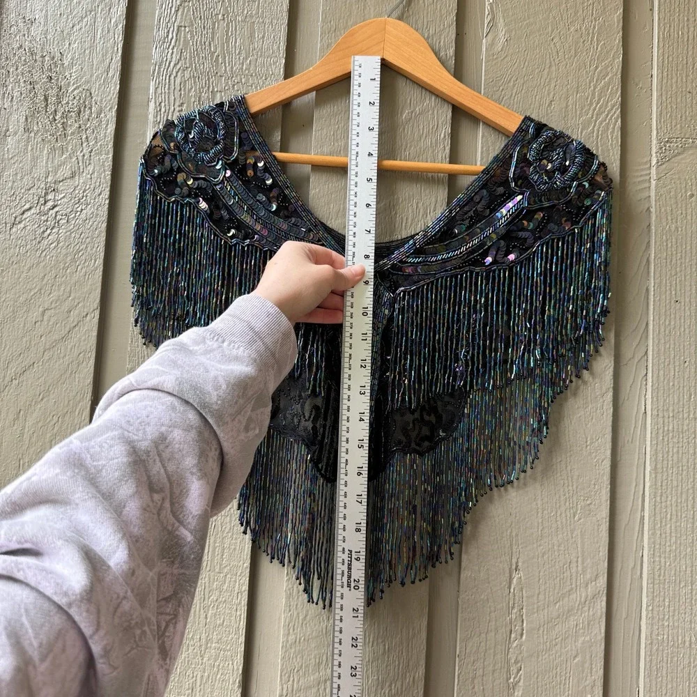 Vintage Beaded Fringe Capelet Shawl Womens Iridescent Floral One Size Black